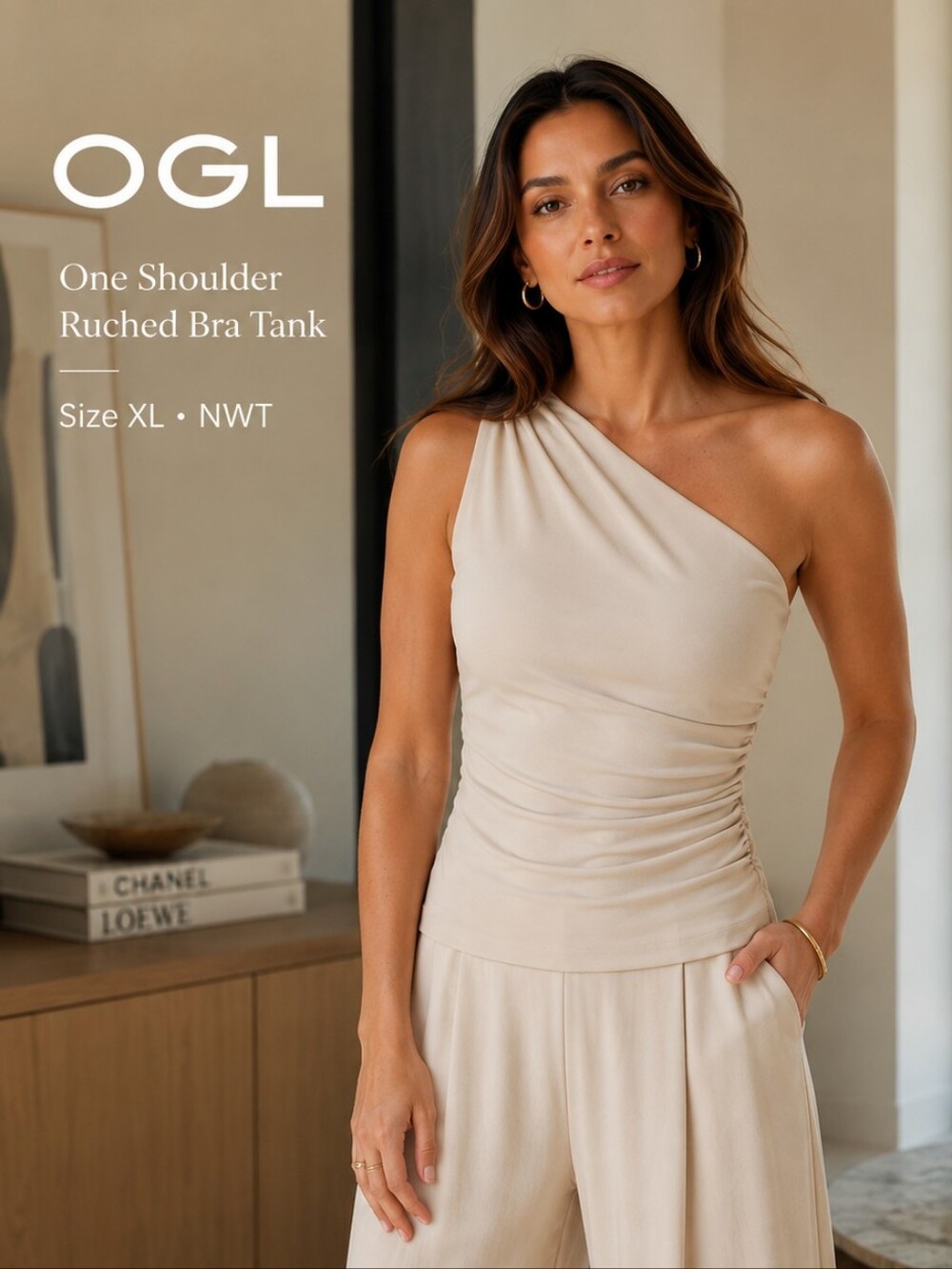 OGL One Shoulder Ruched Modal Top Size L NWT Beige Neutral